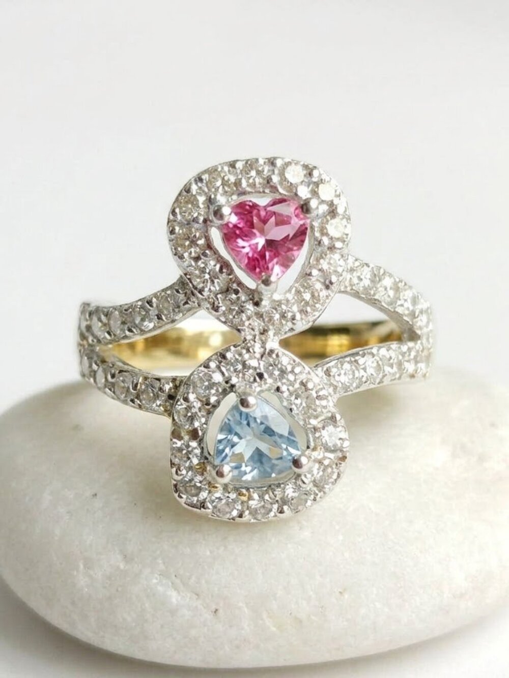 Pear Cut Pink and Blue Topaz  Ring Toi et Moi Size 6.5